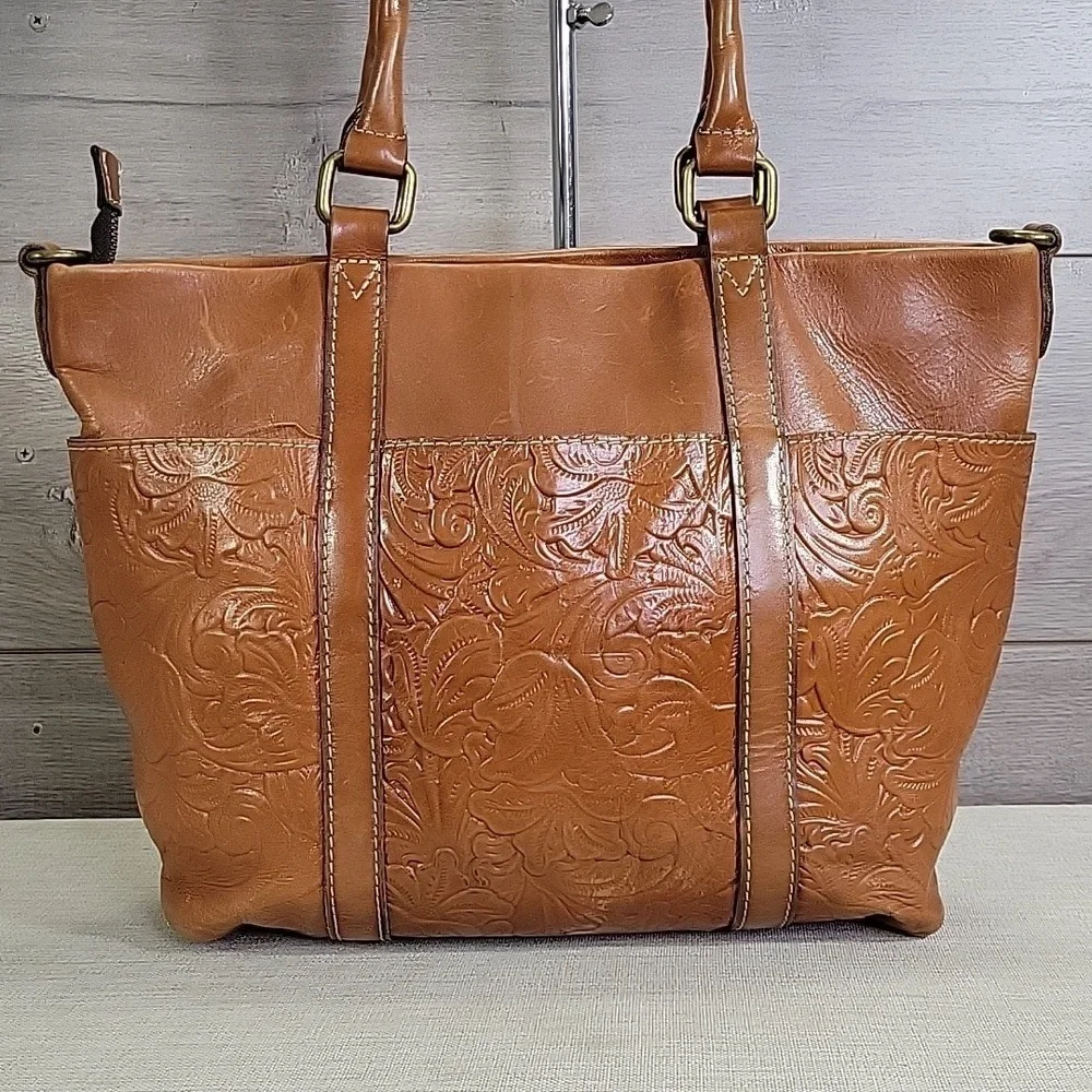 Patricia Nash Talloria Tooled Brown Leather Tote Shoulder Bag Handbag Purse